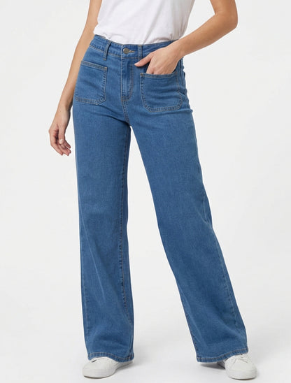 Jean mit weitem Bein, 4 Taschen, gerader Schnitt - Blau