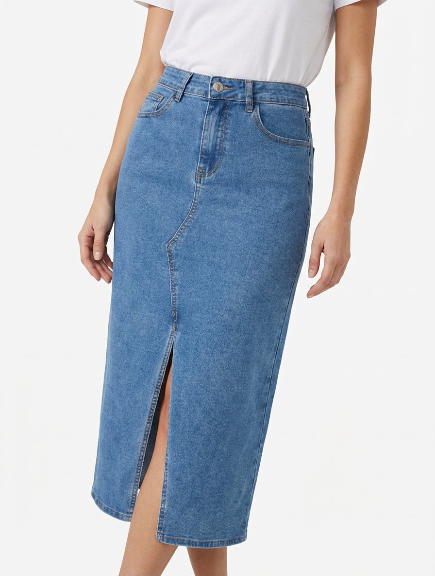 Jeansrock mit Schlitz vorne - Blau