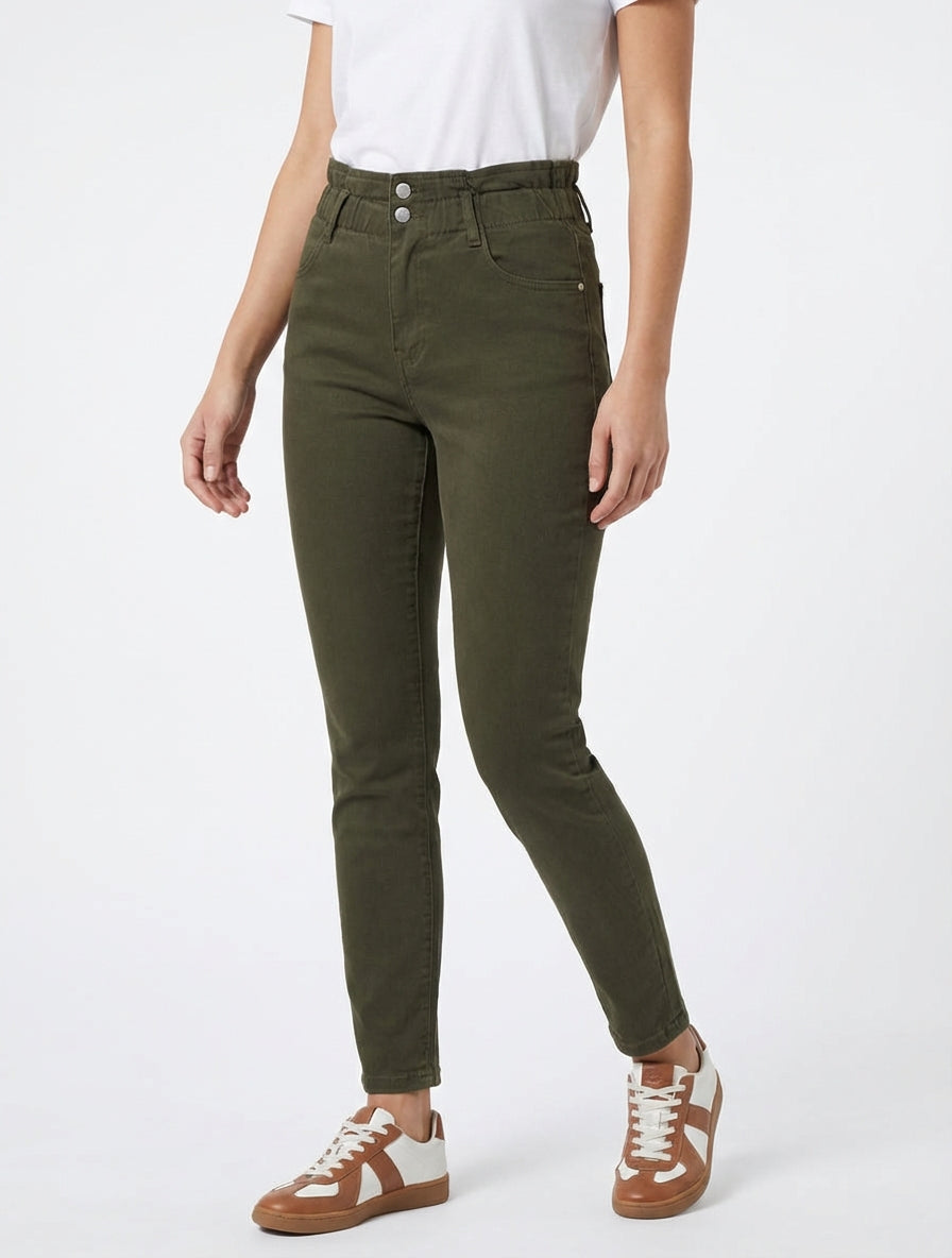 Jean mit hoher, elastischer Taille - Kaki