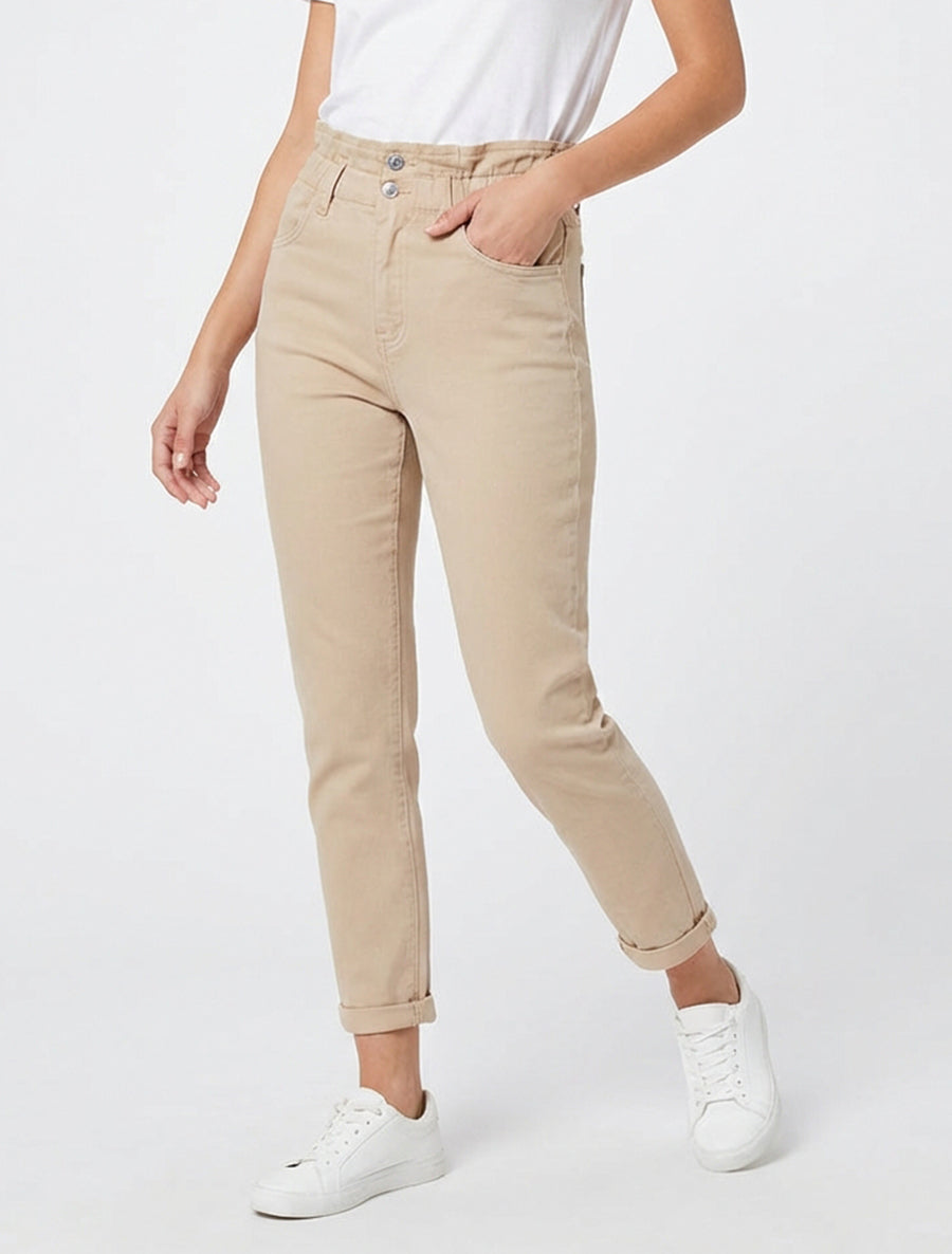 Jean mit hoher, elastischer Taille - Beige