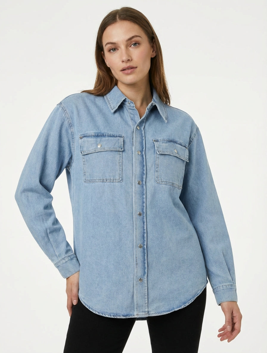 Langärmeliges, gerades Jeanshemd - Blau