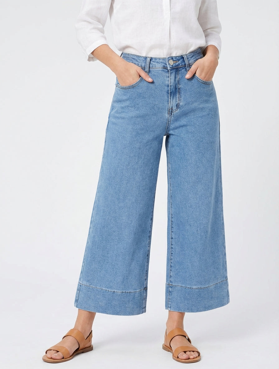 Weit geschnittener Bermuda mit hoher Taille - Blau