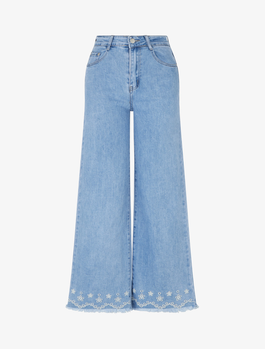 Jean ample à broderies fantaisies - Bleu - 1