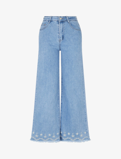 Jean ample à broderies fantaisies - Bleu - 1