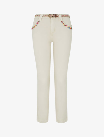 Jean slim à perles fantaisies et ceinture - Beige - 1