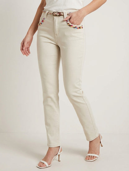 Jeans Slim mit fantasievollen Perlen und Gürtel - Beige