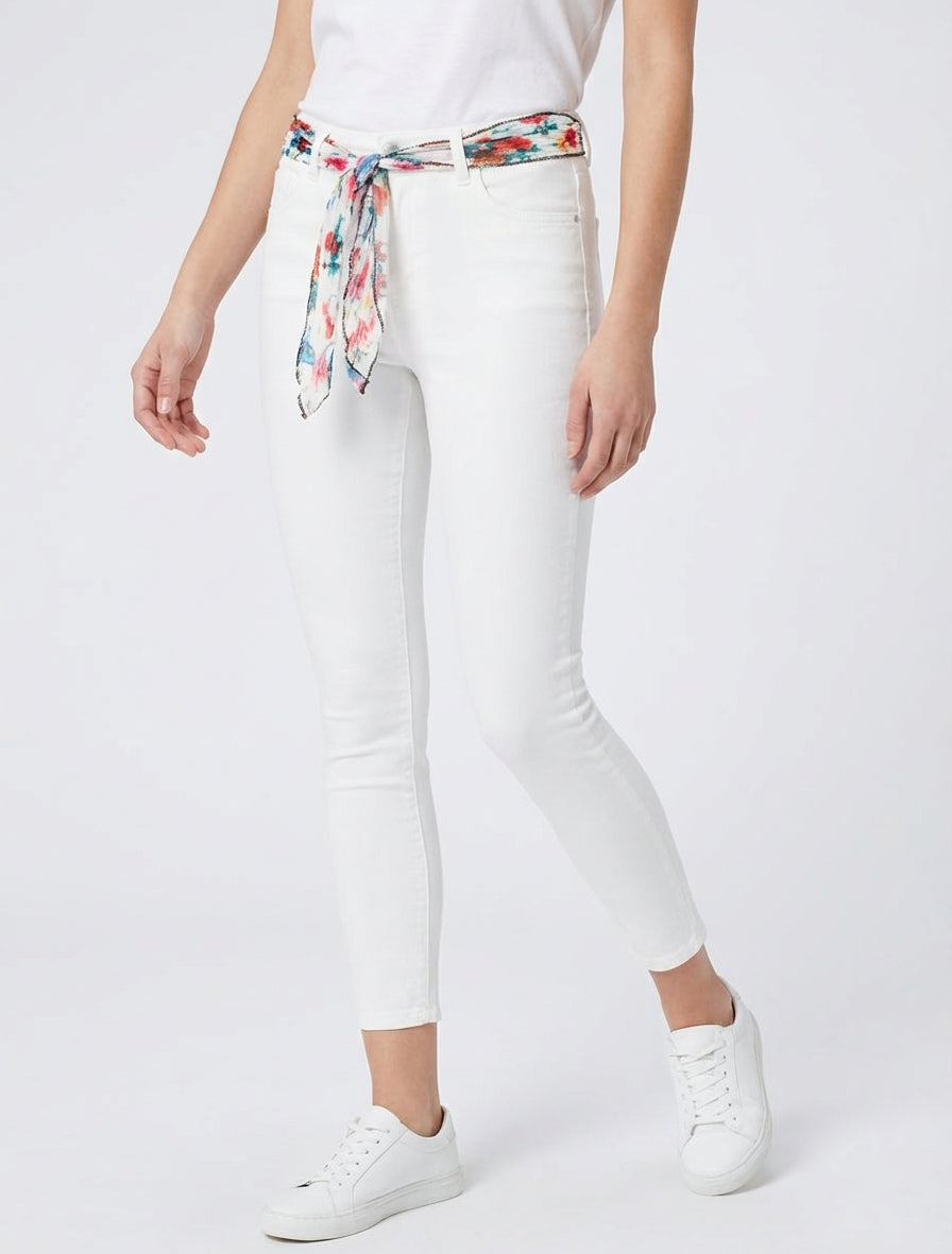 Skinny-Jeans mit bedrucktem Gürtel - Weiß
