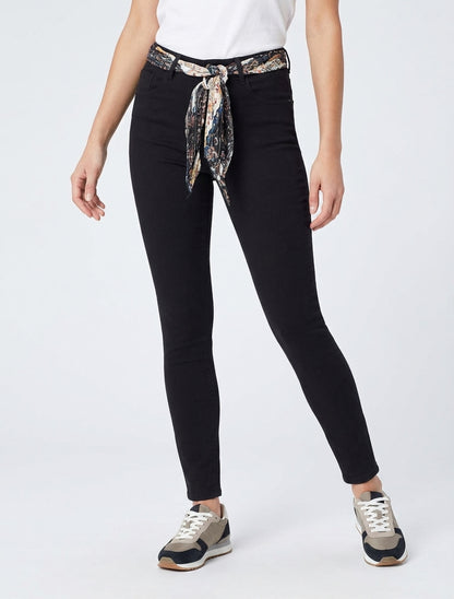 Skinny-Jeans mit bedrucktem Gürtel - Schwarz