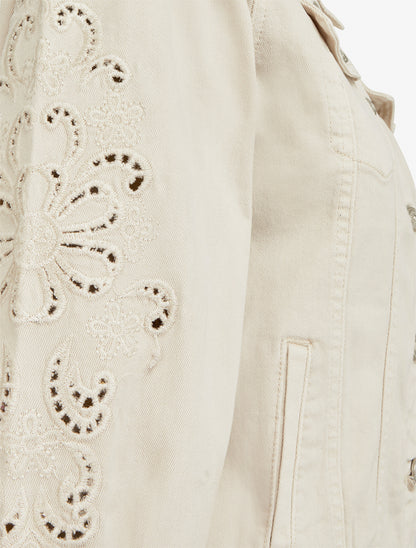 Veste en jean à manches brodées - Beige - 3