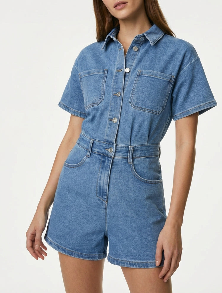 Jeans-Overall mit kurzen Ärmeln - Blau
