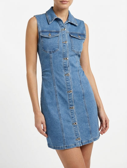 Ärmelloses, figurbetontes Jeanskleid - Blau