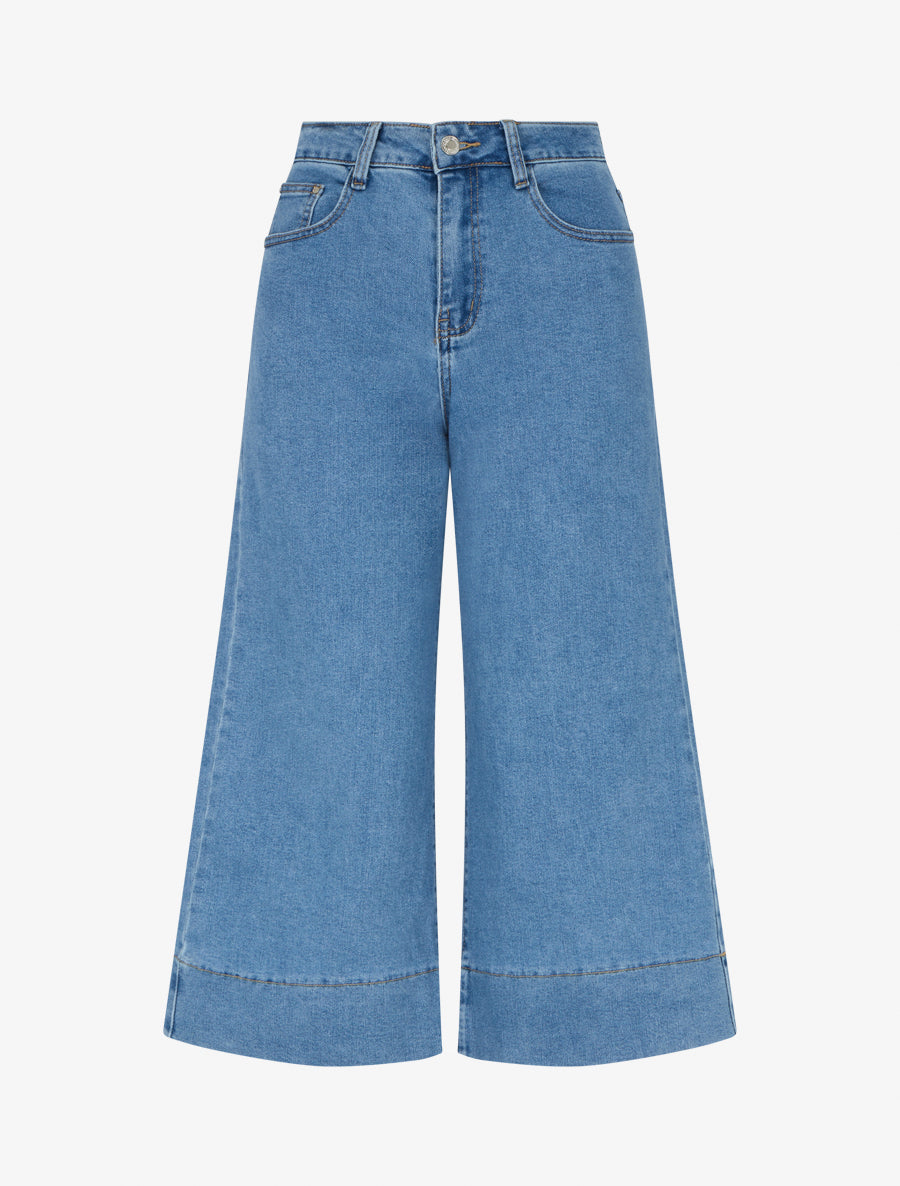 Pantacourt wide leg en jean - Bleu - 1