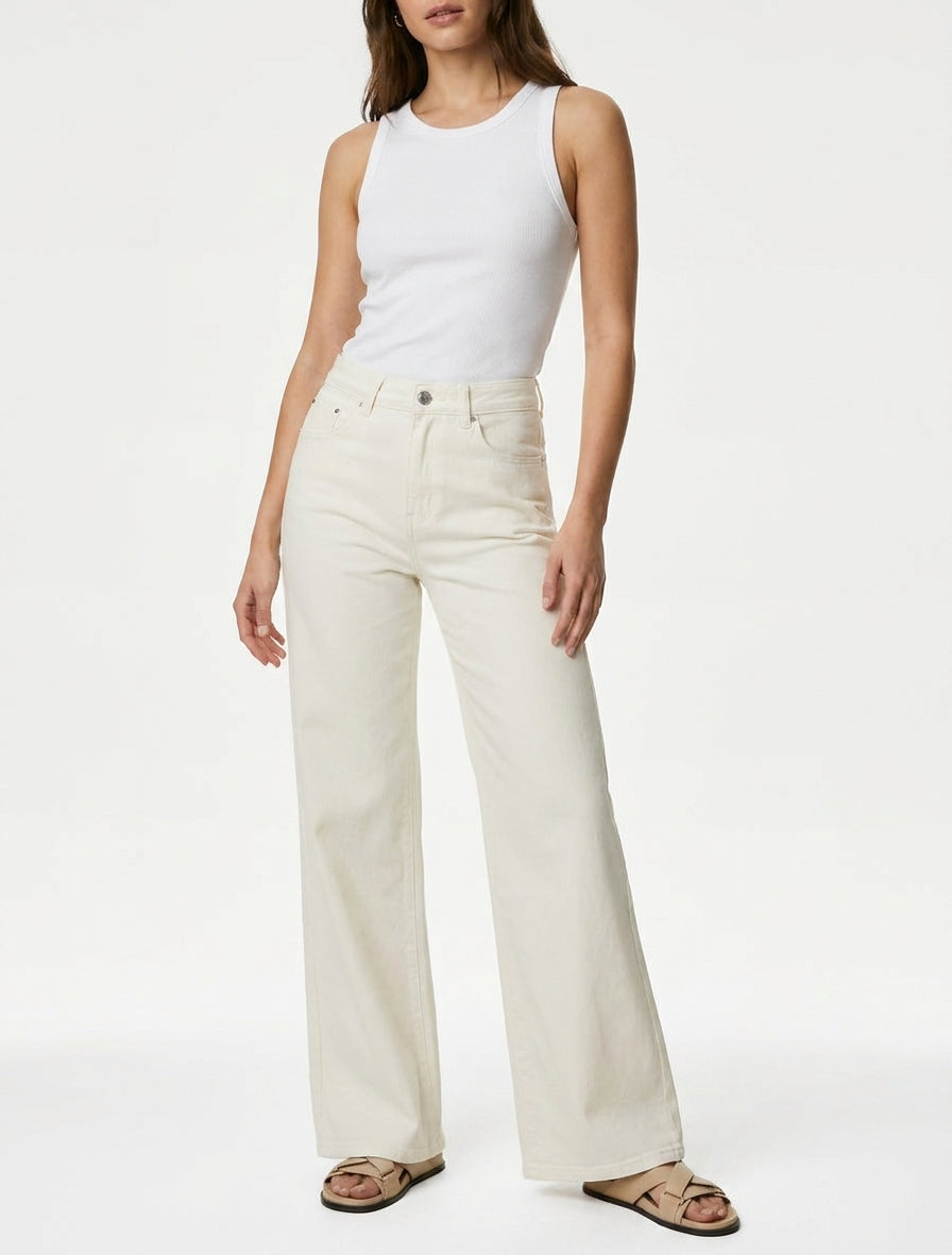 Jean mit weitem Bein und geradem Schnitt - Creme