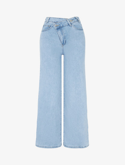 Jean à boutons diagonaux coupe droite - Bleu - 1