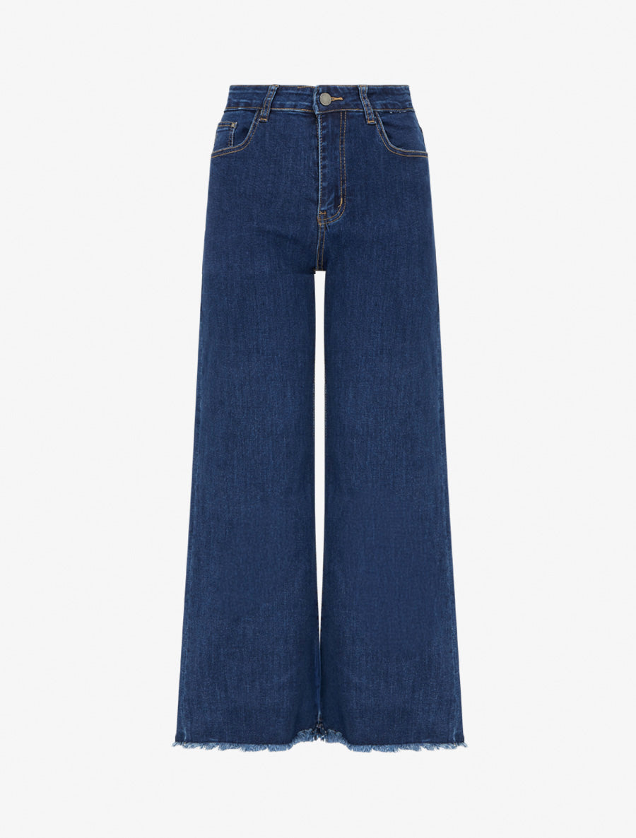 Jean wide leg à bords effilochés coupe droite - Bleu - 1