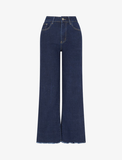 Jean wide leg à bords effilochés - Bleu - 1