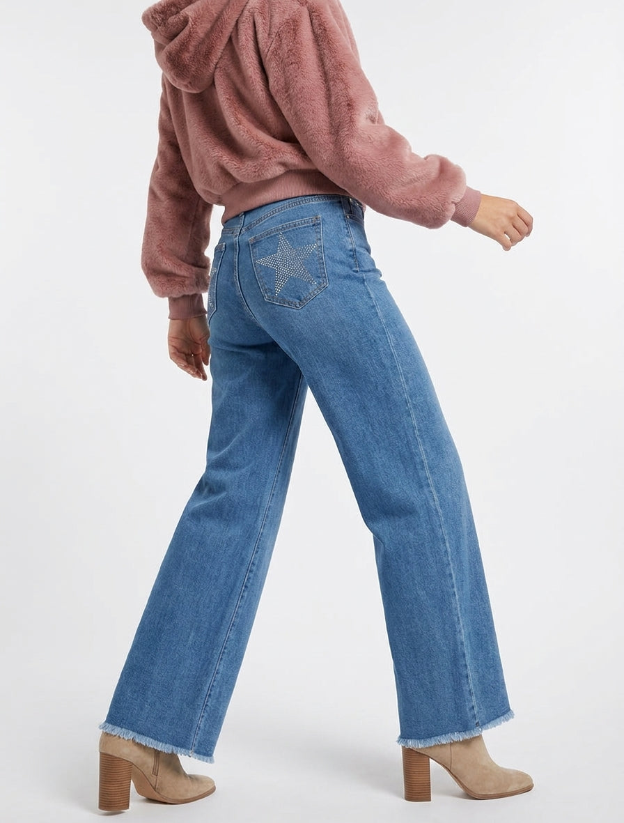 Jeans mit weiten Beinen und mit Sternen-Strass-Taschen - Blau