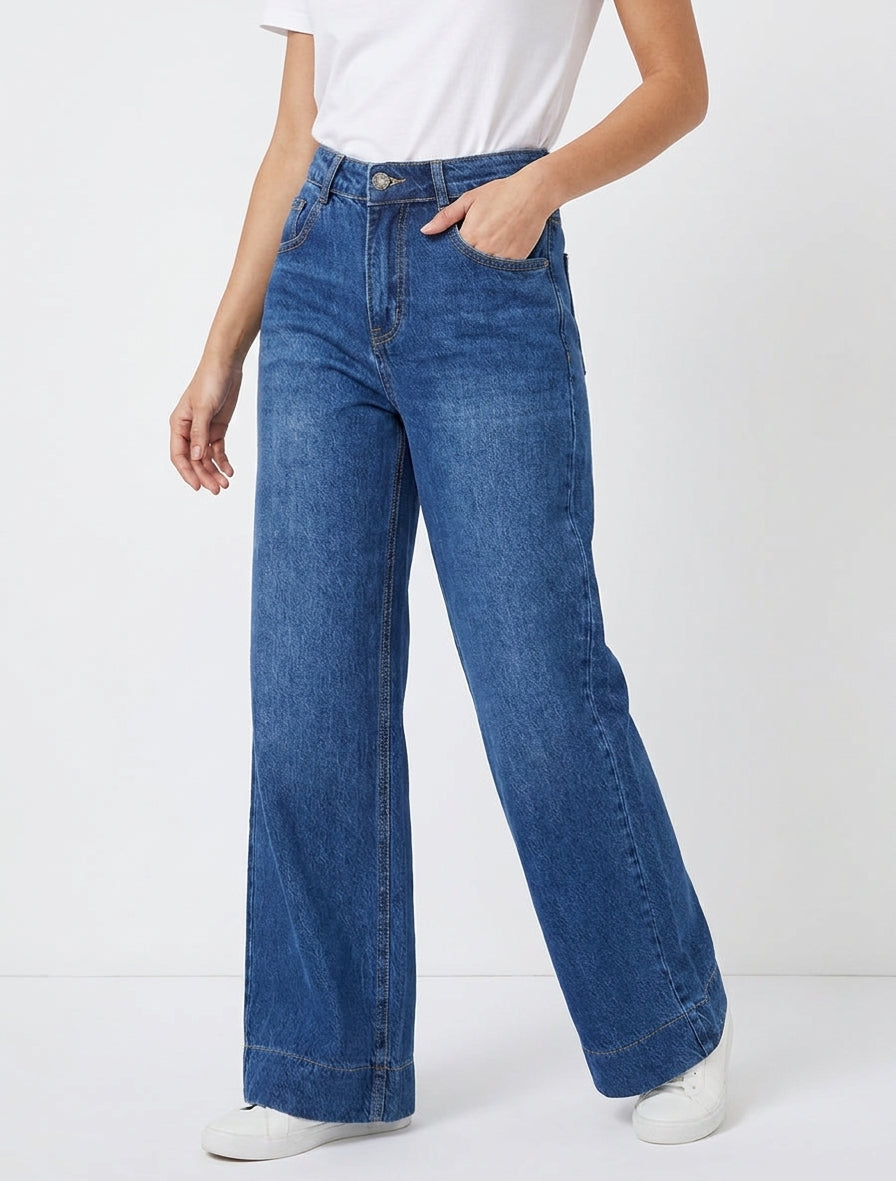 Jean mit weitem Bein und hoher Taille - Denimblau