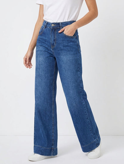 Jean mit weitem Bein und hoher Taille - Denimblau