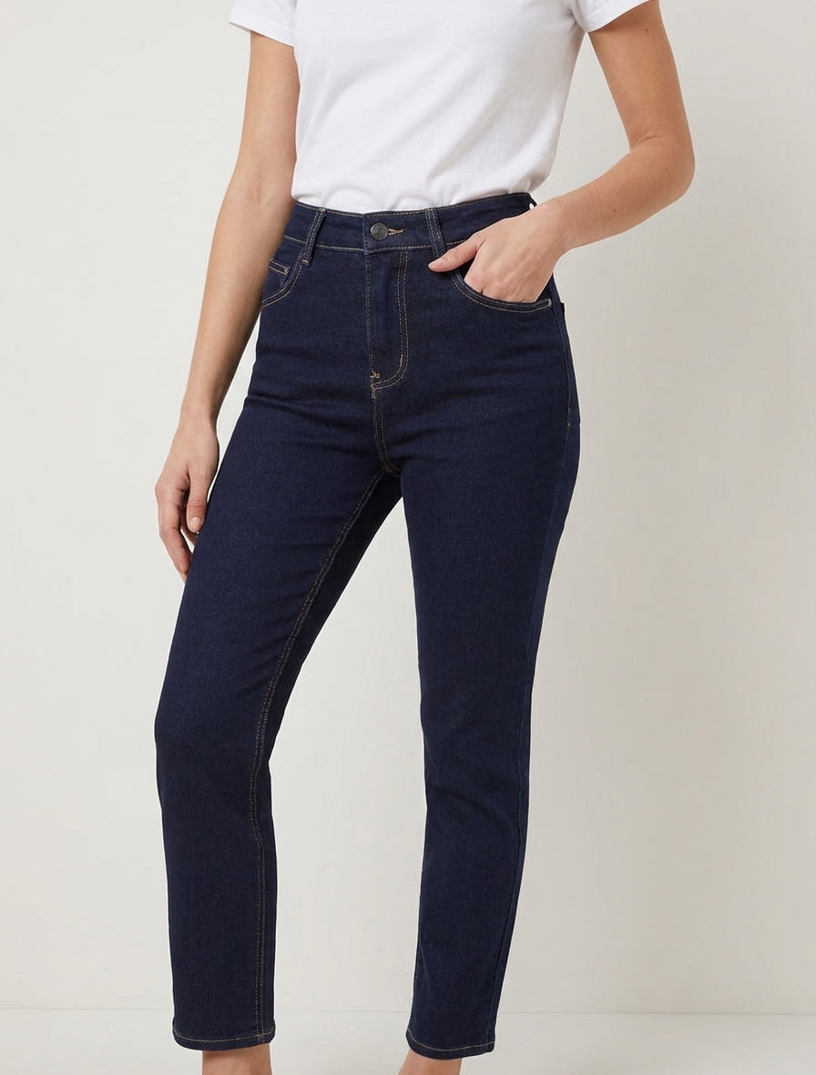 Jean mit hoher Taille, Mom-Schnitt - Rohblau