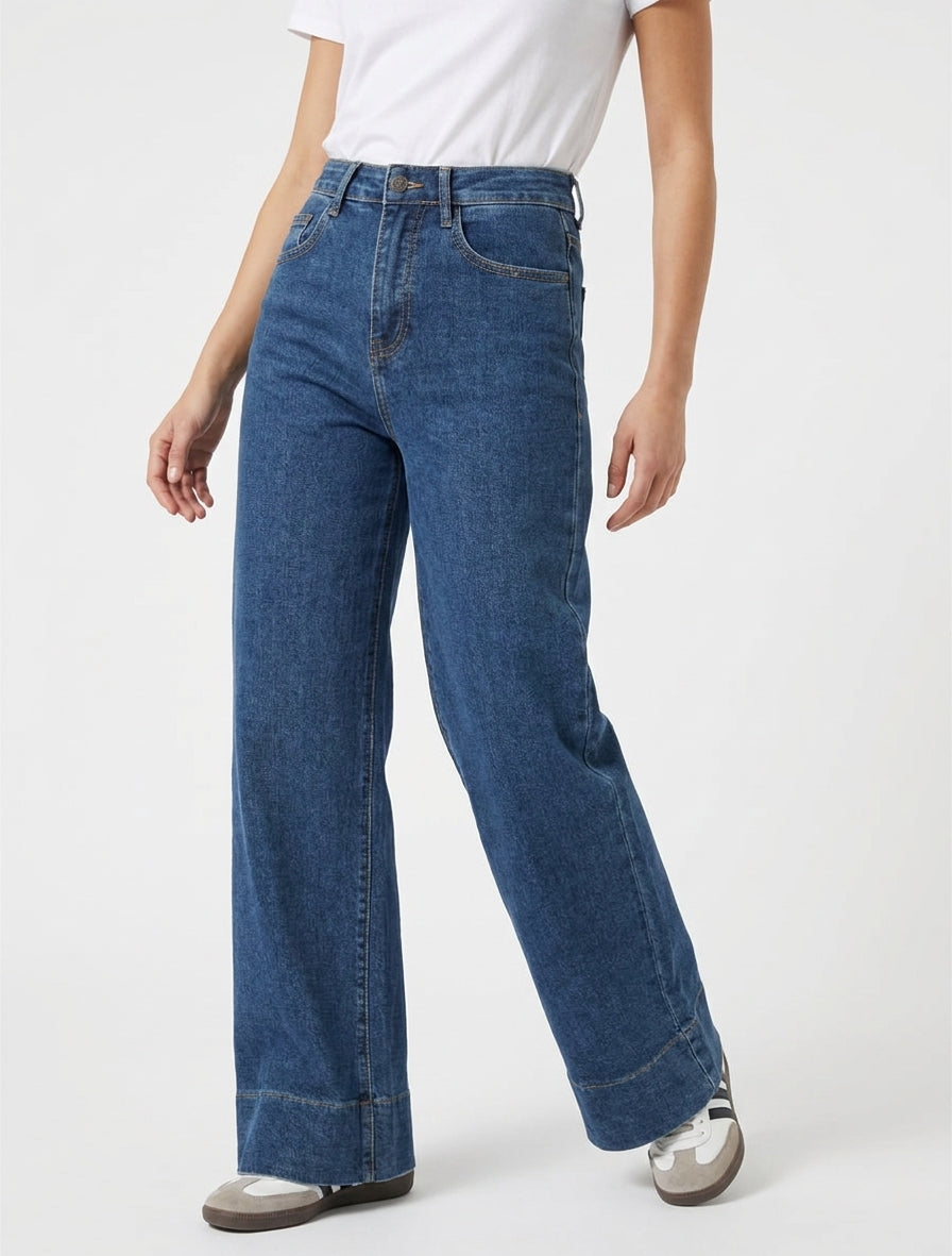 Jean mit weitem Bein und hoher Taille - Denimblau