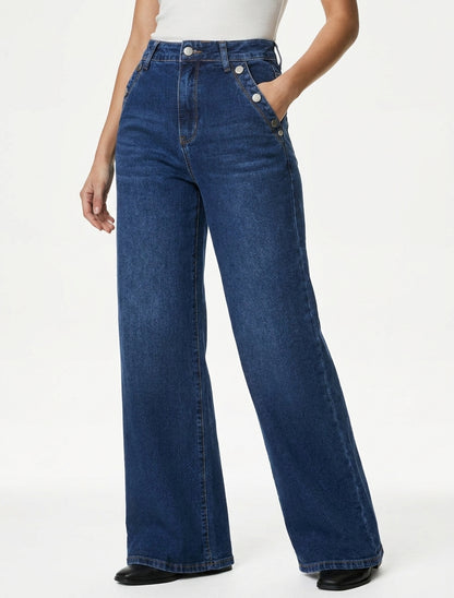 Jeans mit weitem Bein und Knopftaschen - Denimblau