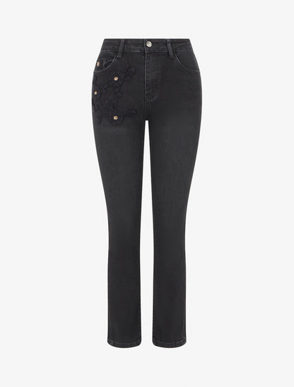 Jean à empiècement broderie floral coupe slim - Noir - 1