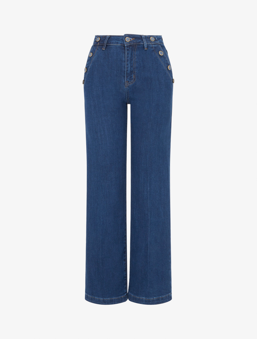 Jean à boutons décoratifs coupe droite - Bleu denim - 1