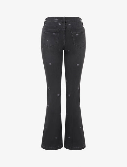Jean à petites fleurs brodées coupe flare - Gris anthracite - 2