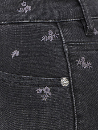 Jean à petites fleurs brodées coupe flare - Gris anthracite - 3