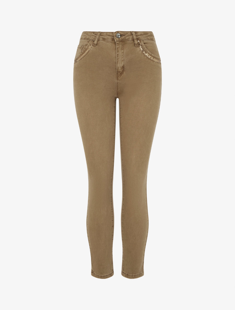 Jean skinny à poches à sequins - Marron clair - 1