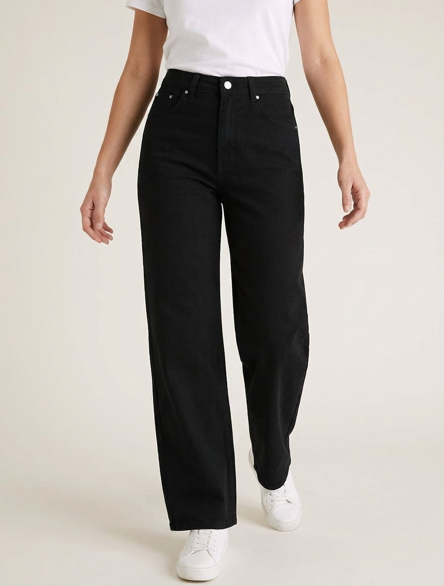 Jean mit weitem Bein, einfarbig, mit hoher Taille - Schwarz