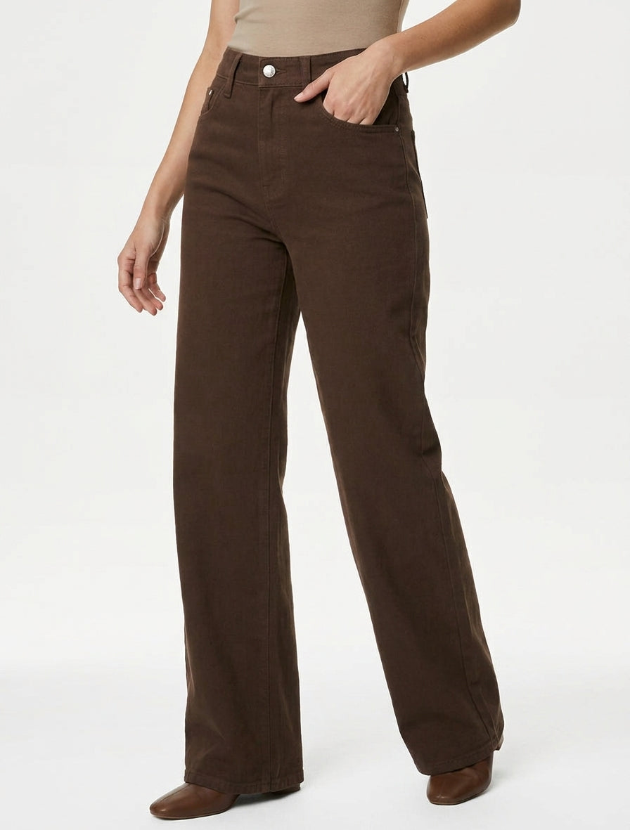 Jean mit weitem Bein, einfarbig, mit hoher Taille - Braun