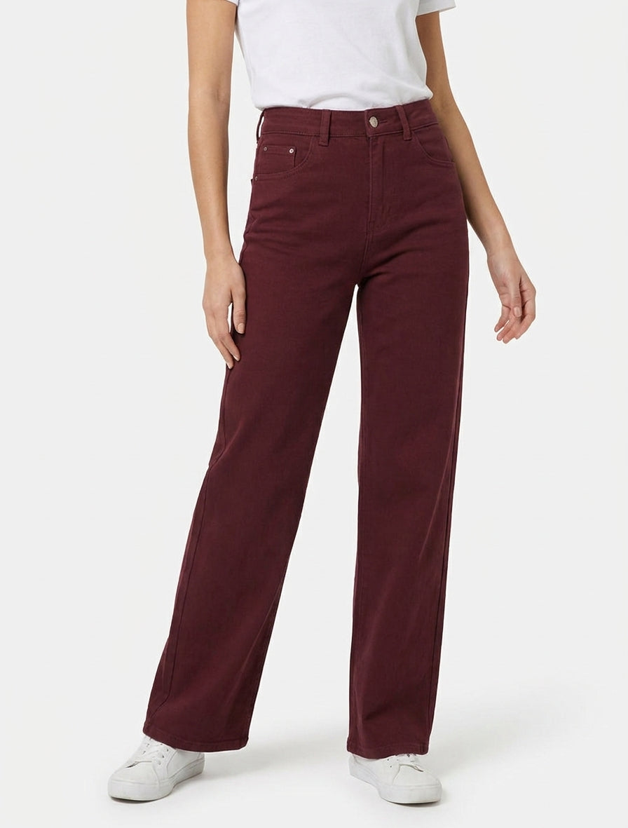 Jean mit weitem Bein, einfarbig, mit hoher Taille - Bordeaux