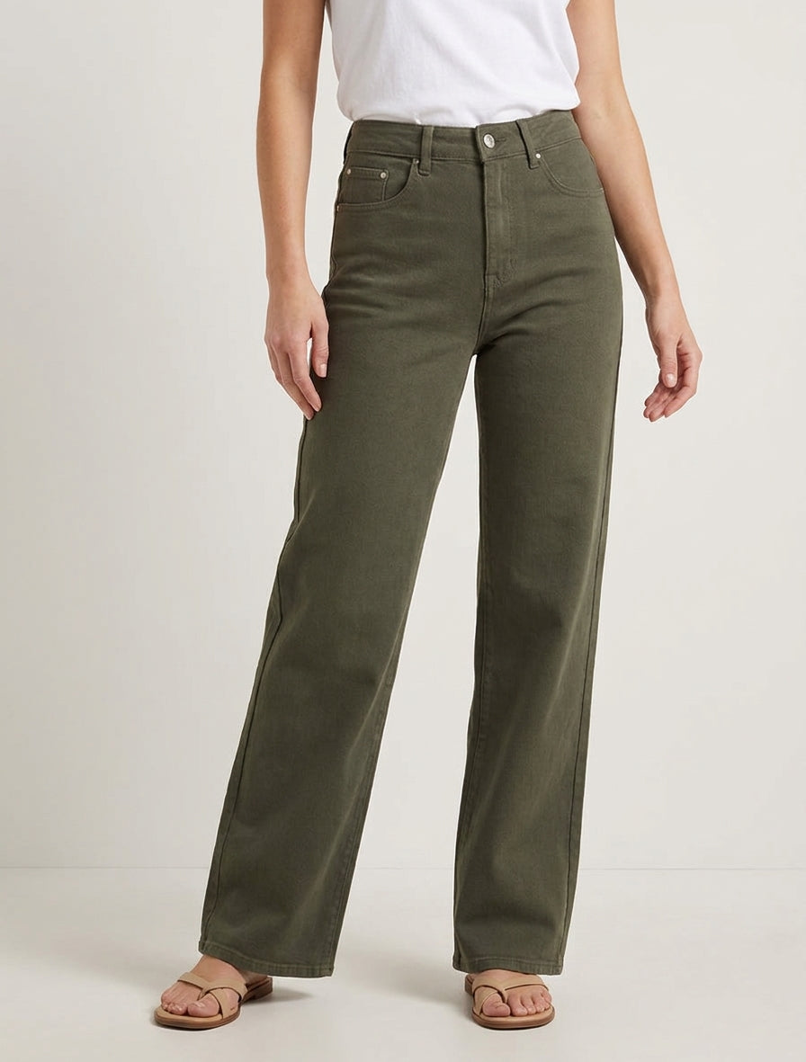 Jean mit weitem Bein, einfarbig, mit hoher Taille - Kaki