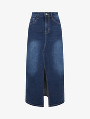 Jupe longue coupe droite en jean fendue - Bleu - 1