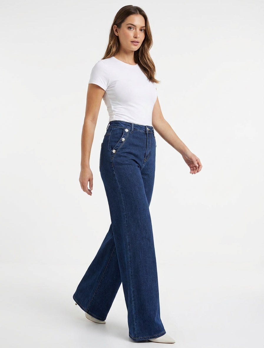 Jeans mit weitem Bein und Knopftaschen - Denimblau