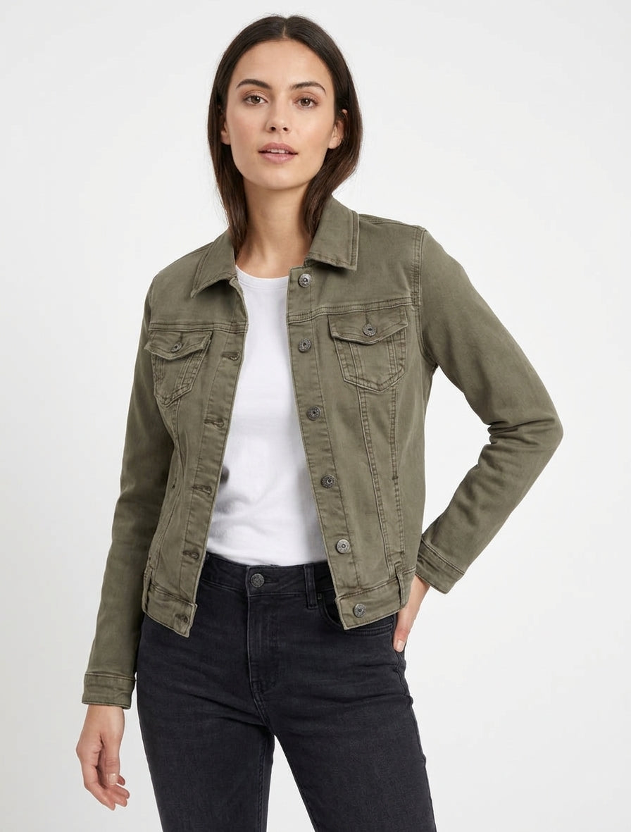 Unifarbene Jeansjacke mit geradem Schnitt - Kaki