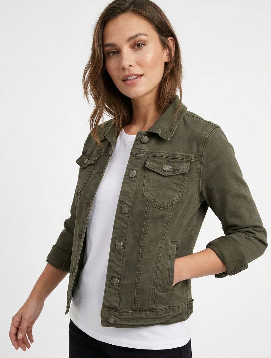 Unifarbene Jeansjacke im geraden Schnitt - Kaki