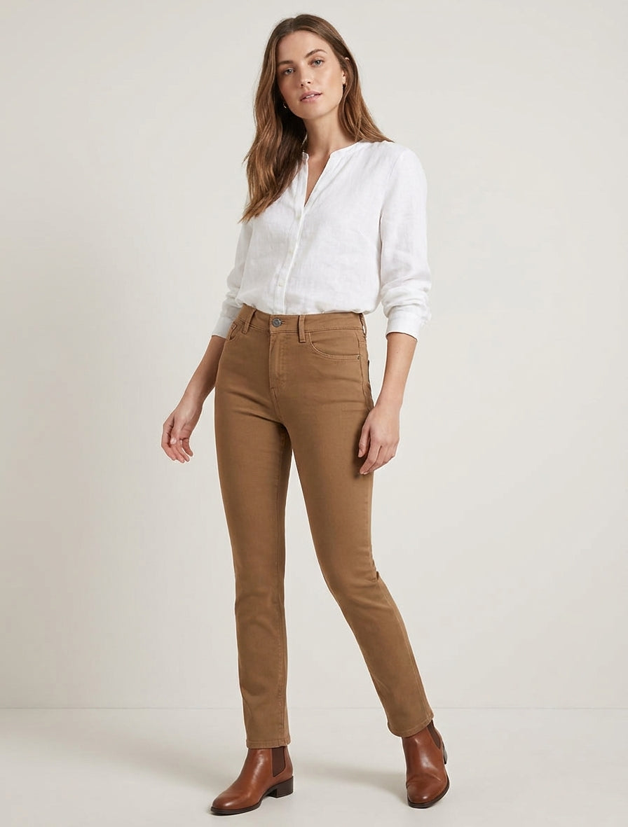 Hoch taillierte einfarbige Slim-Jeans - Kamel