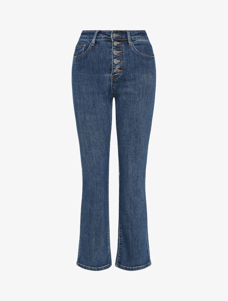 Jean droit boutonné à taille haute - Bleu denim - 1