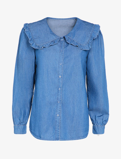 Chemise en jean à col claudine volanté - Bleu denim - 1