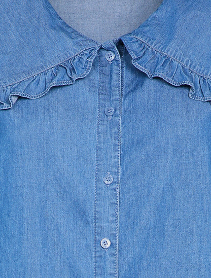 Chemise en jean à col claudine volanté - Bleu denim - 3