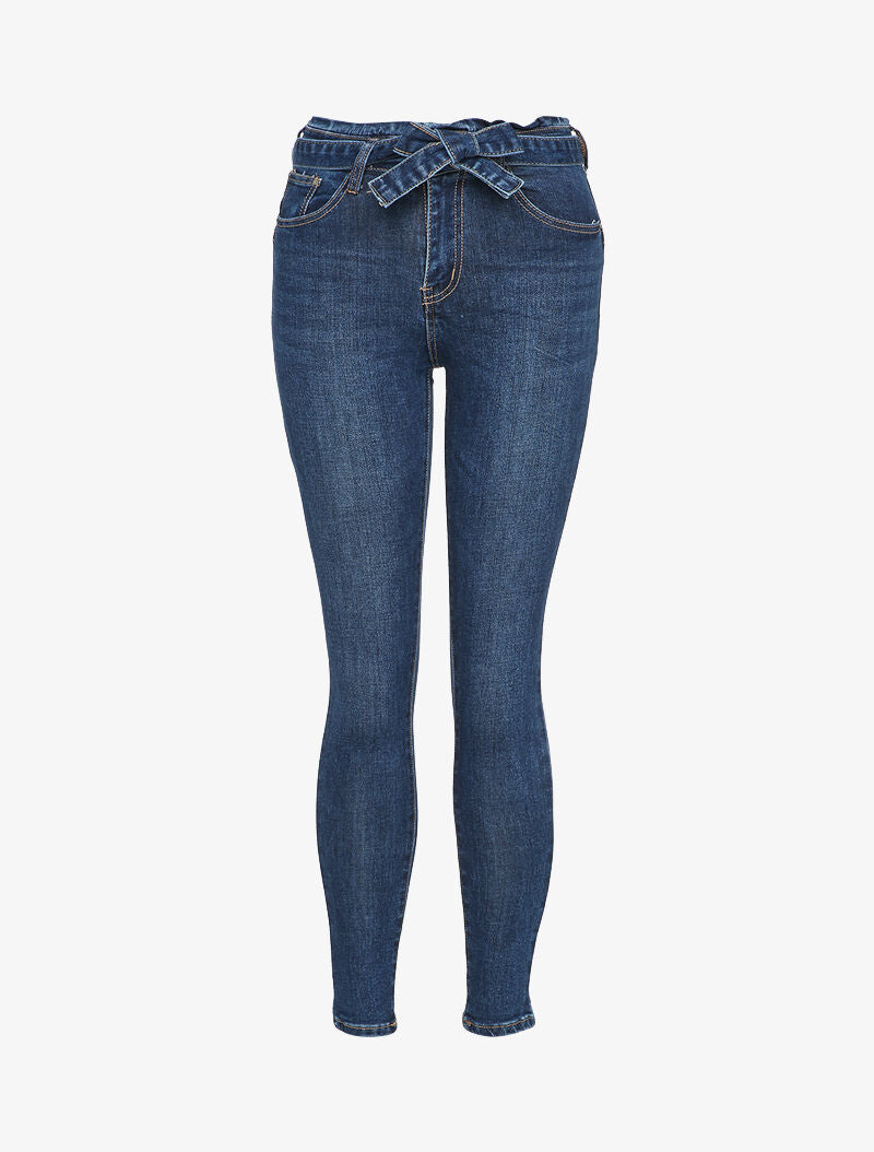 Jean skinny à taille standard ceinturée - Bleu denim - 1