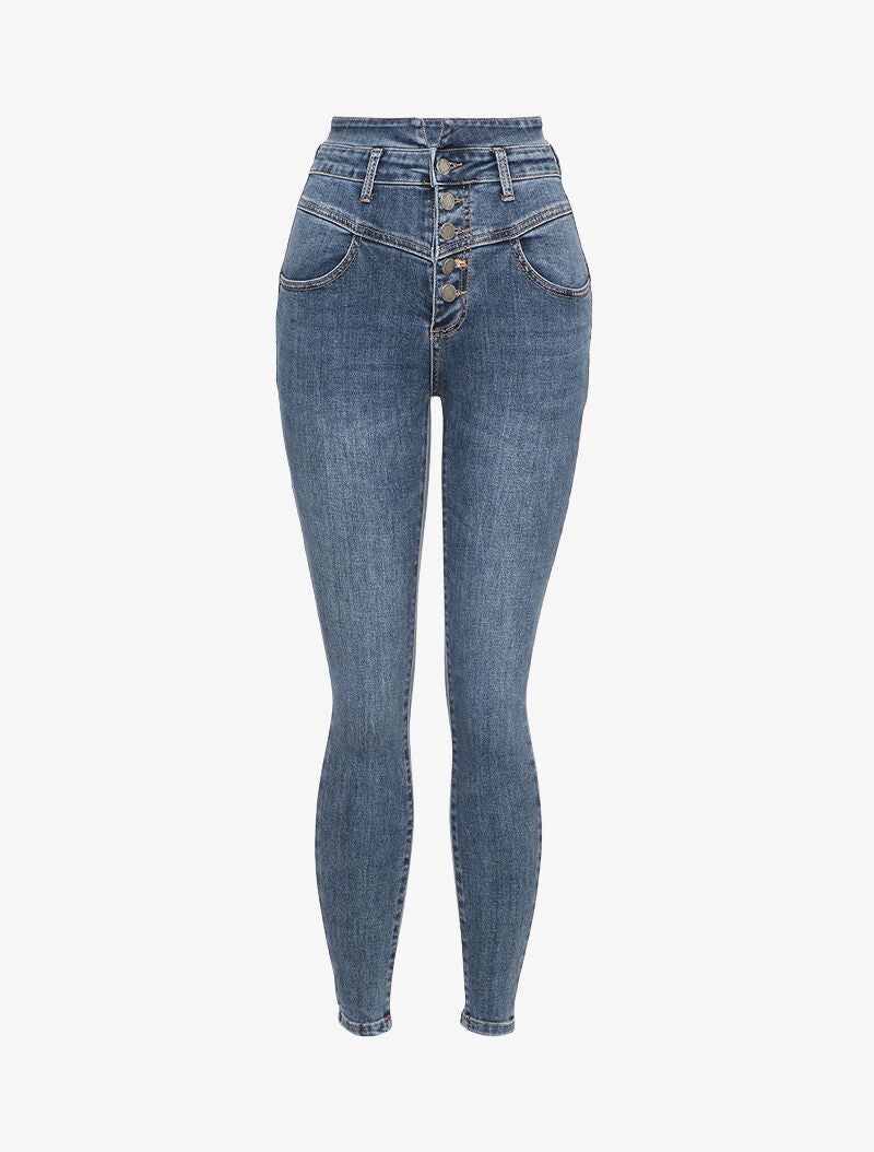 Jean skinny délavé à taille haute boutonnée - Bleu - 2
