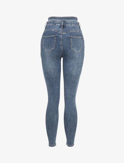 Jean skinny délavé à taille haute boutonnée - Bleu - 3