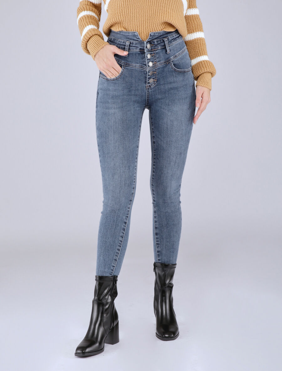 Jean skinny délavé à taille haute boutonnée - Bleu - 1