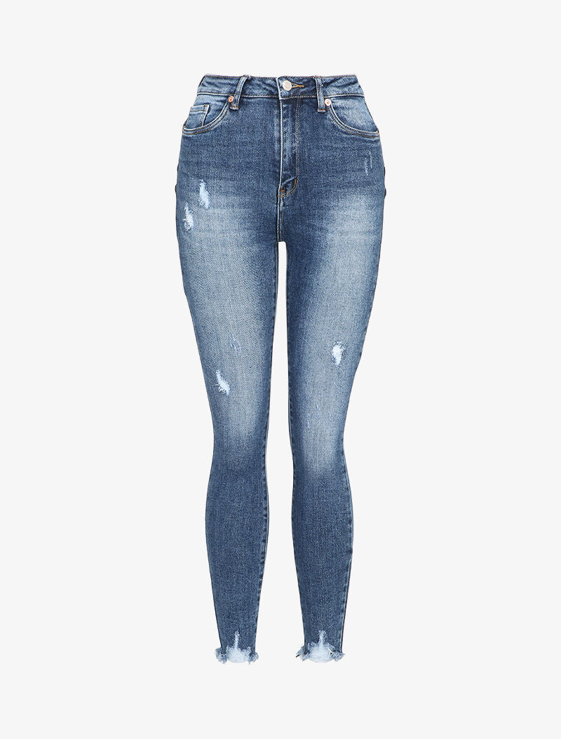 Jean skinny délavé à bords coupe franche - Bleu denim - 1