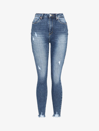 Jean skinny délavé à bords coupe franche - Bleu denim - 1