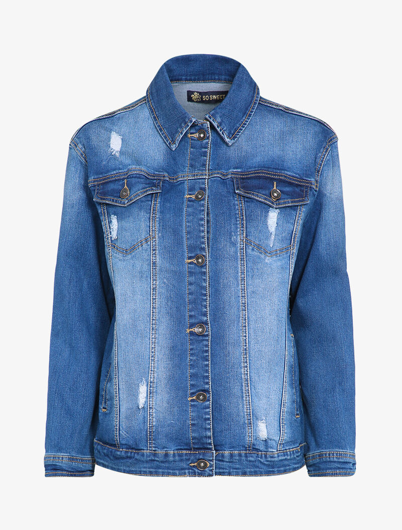 Veste en jean délavée et griffée - Bleu denim - 1